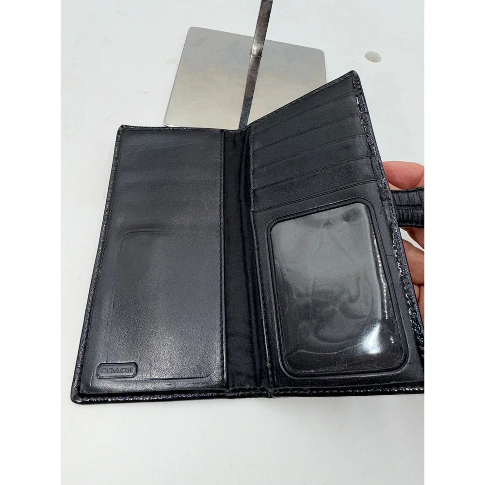 Coach Signature Jacquard Slim Bifold Wallet Black Patent Trim Snap Closure